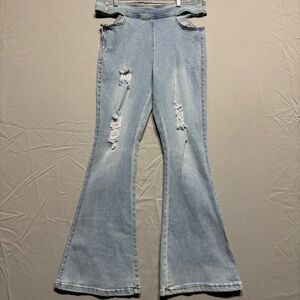 Angel Light Blue High Waist Flare Jeans with Ripped Details